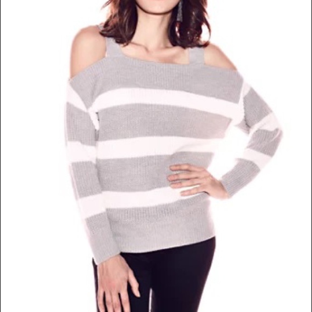NWOT Grey and white Striped Cold Shoulder Sweater